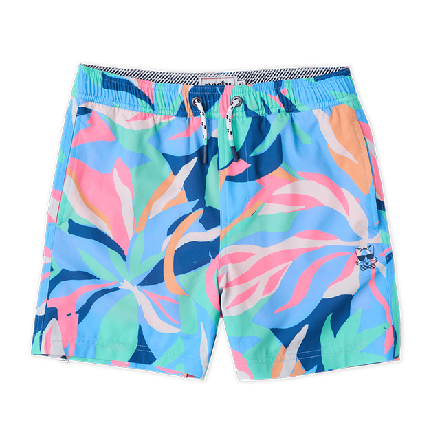 Colorful tropical-patterned swim shorts on a white background.