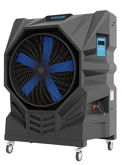 Black portable cooler with a large blue fan and control panel.