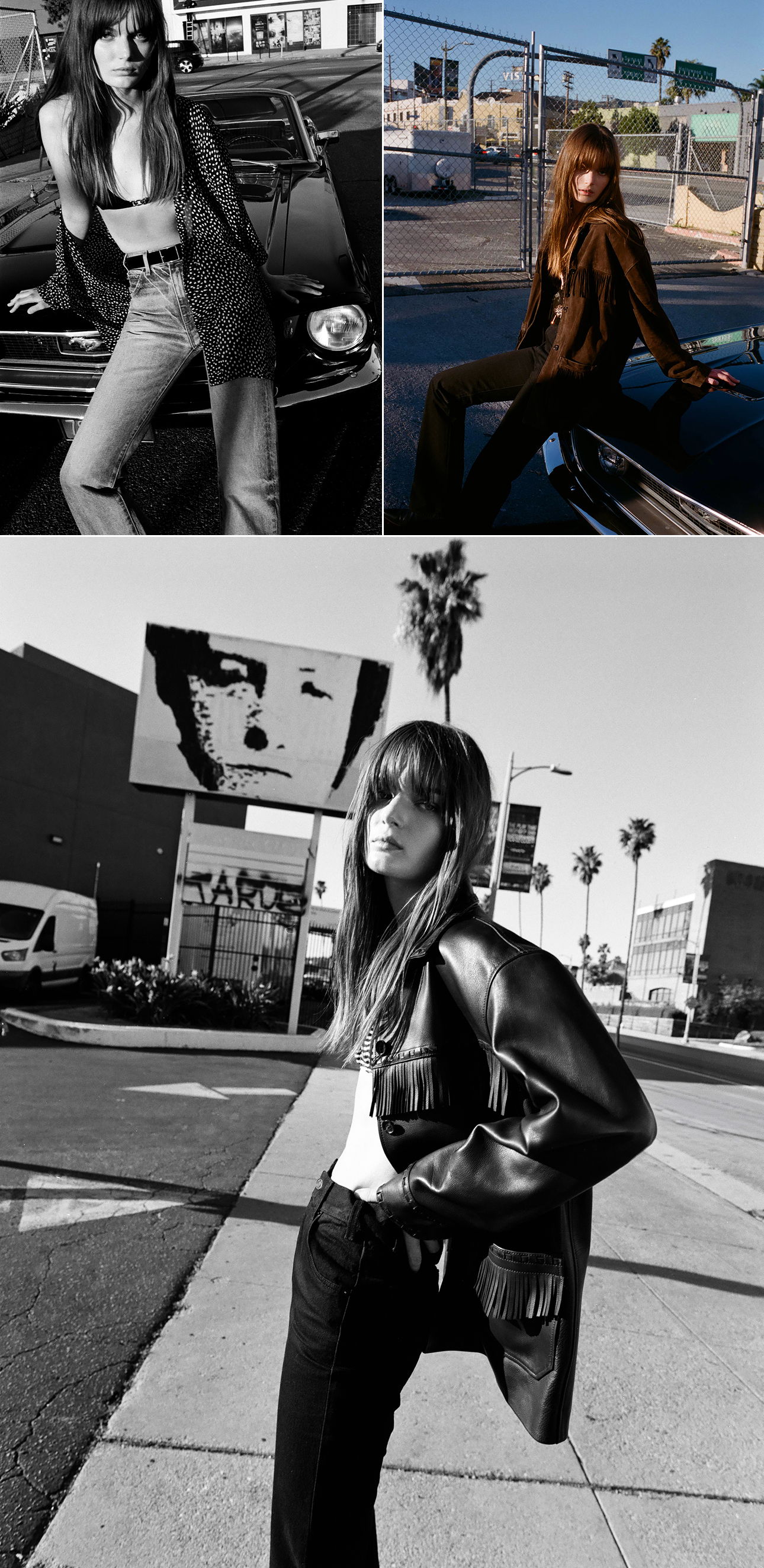 Fashion model in various poses against urban backgrounds, styled in monochrome.