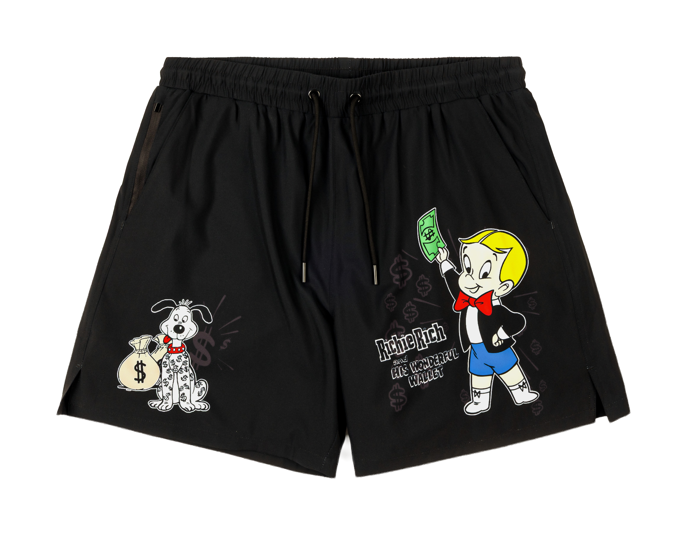 Black shorts featuring animated characters with money and playful designs.