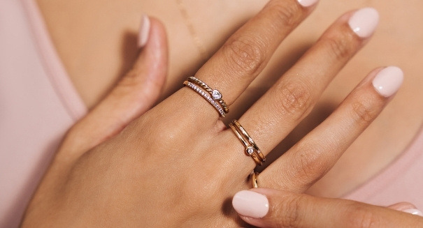 stackable 14k rose gold and yellow gold rings shown on a hand