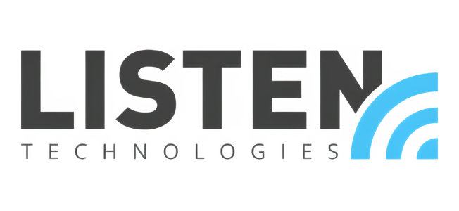 Listen Technologies logo with blue sound wave graphic.