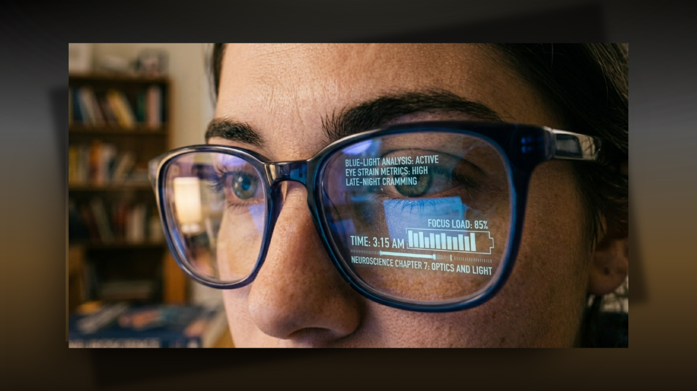 Person wearing blue light blocking glasses while studying at a computer screen during a late-night study session