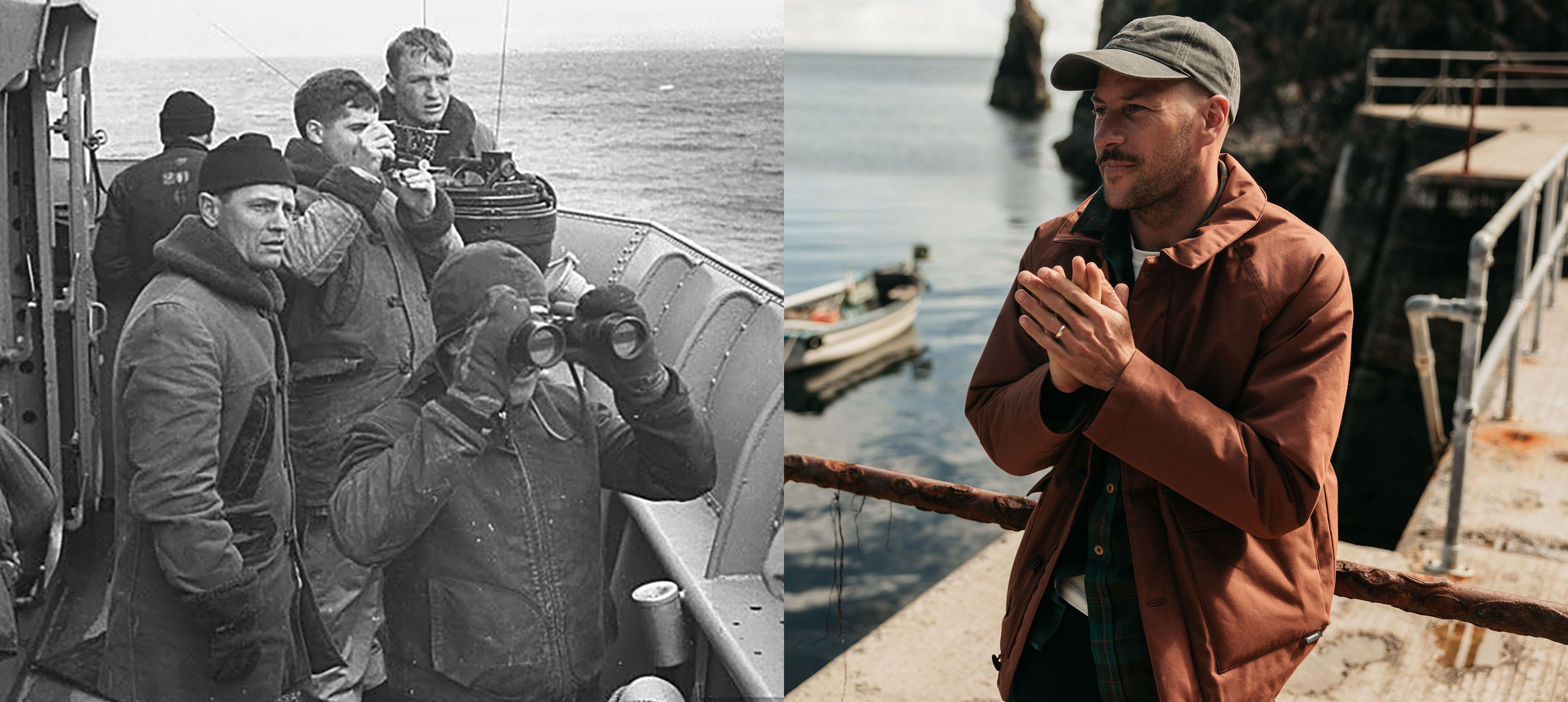 Historical fishermen on a boat and a man on a dock.