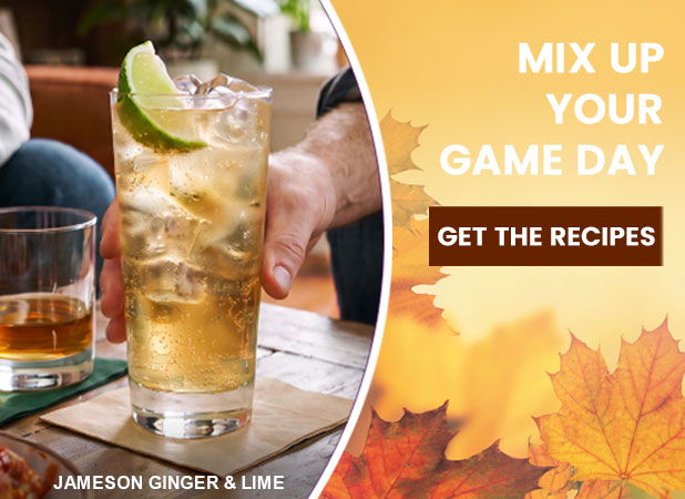 Cocktails on a table with autumn leaves and text promoting recipes.