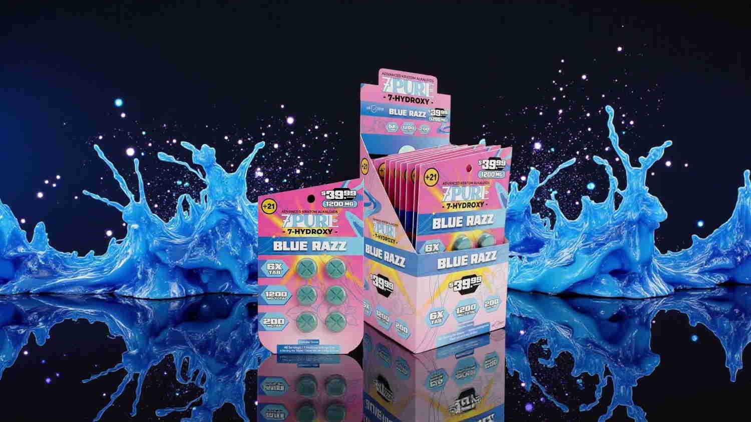Colorful product packaging displayed against a blue water splash background.