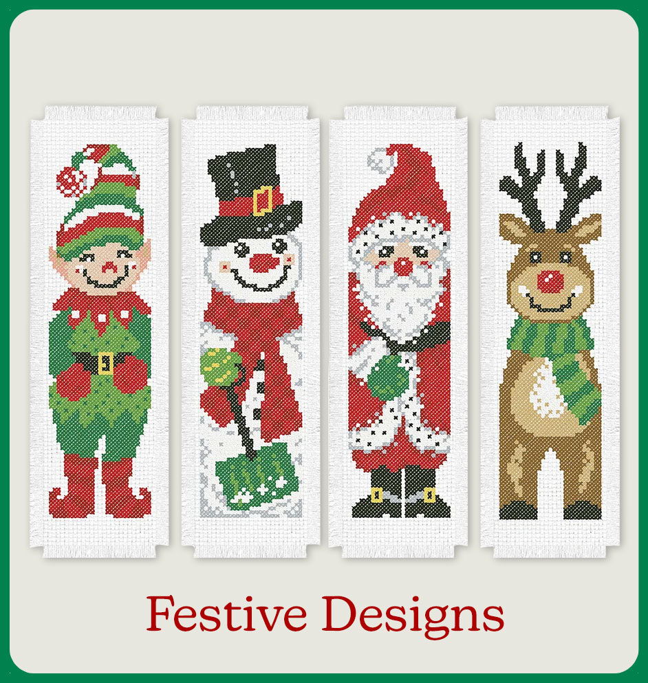 Four festive characters: elf, snowman, Santa, and reindeer. Labeled 
