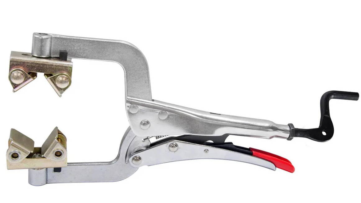 Metal clamp tool with a trigger mechanism for gripping objects.