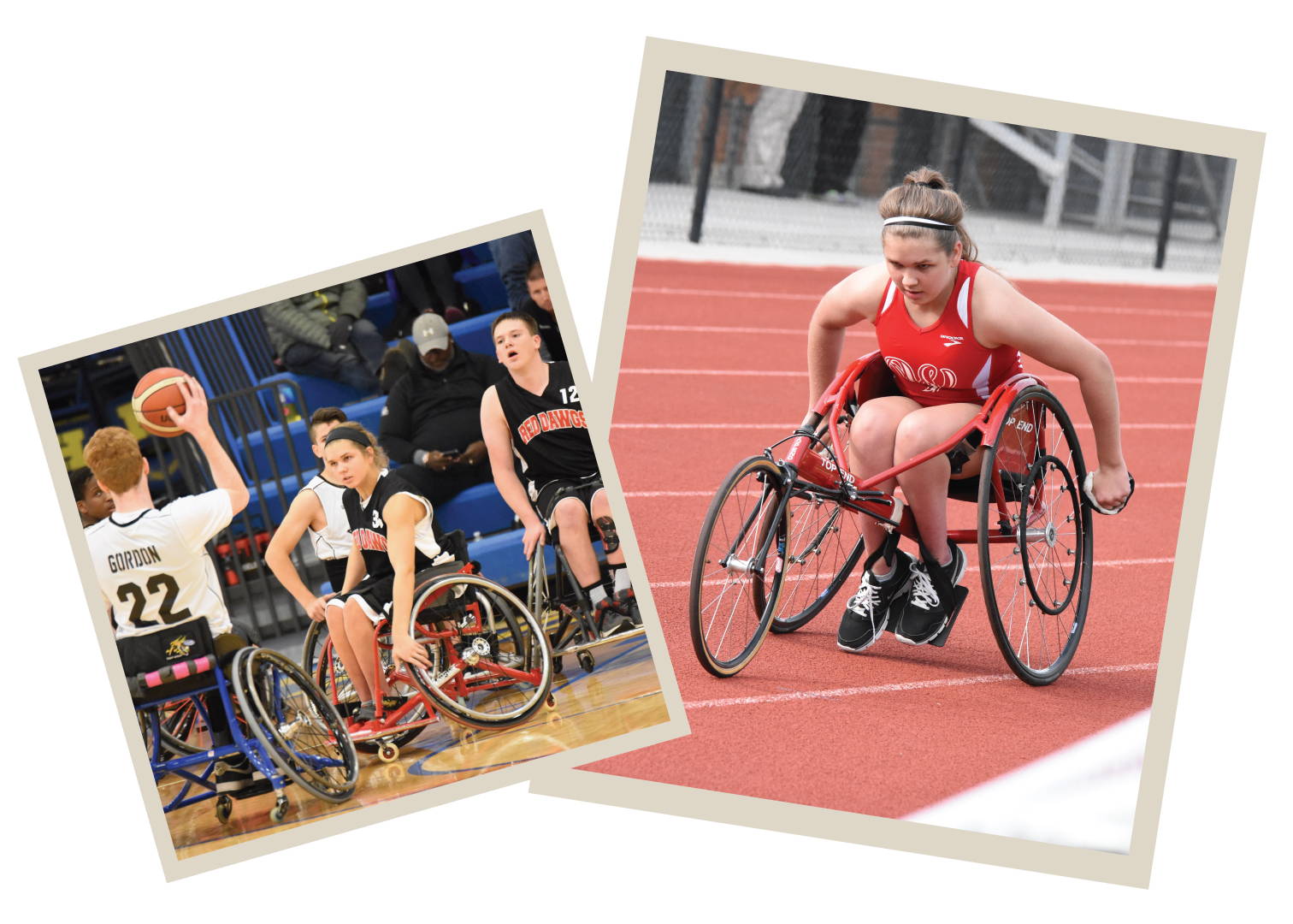 Eva Houston as a young athlete, competing in wheelchair basketball and wheelchair racing on a track