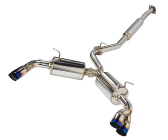 Stainless steel dual exhaust system with blue-tipped exhaust pipes.