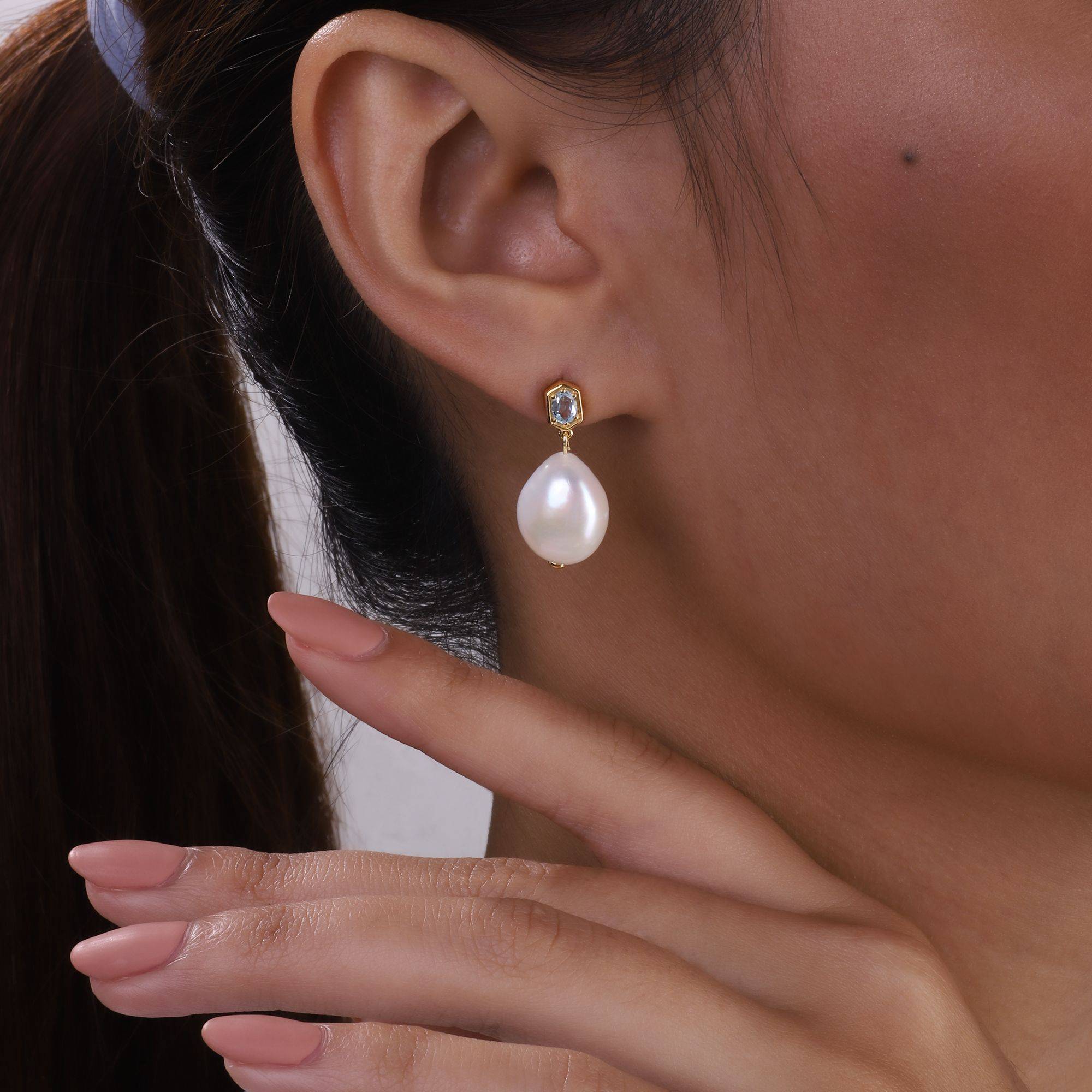 Modern Baroque Pearl & Blue Topaz Earrings