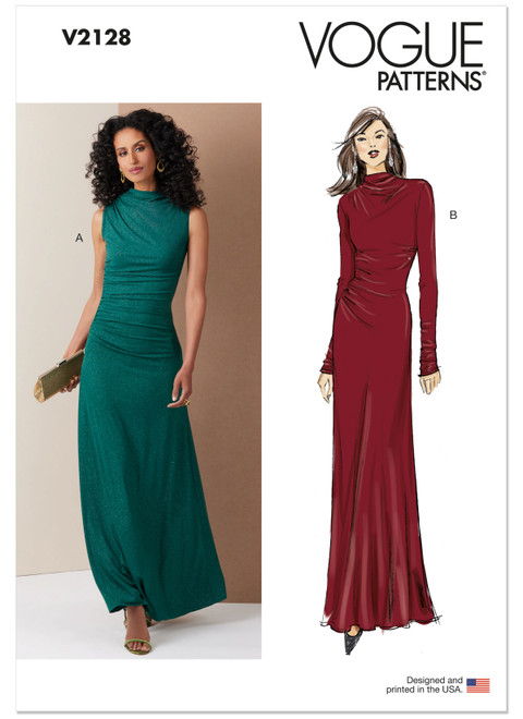 Vogue Patterns V2128 dress designs, featuring two elegant long dresses.