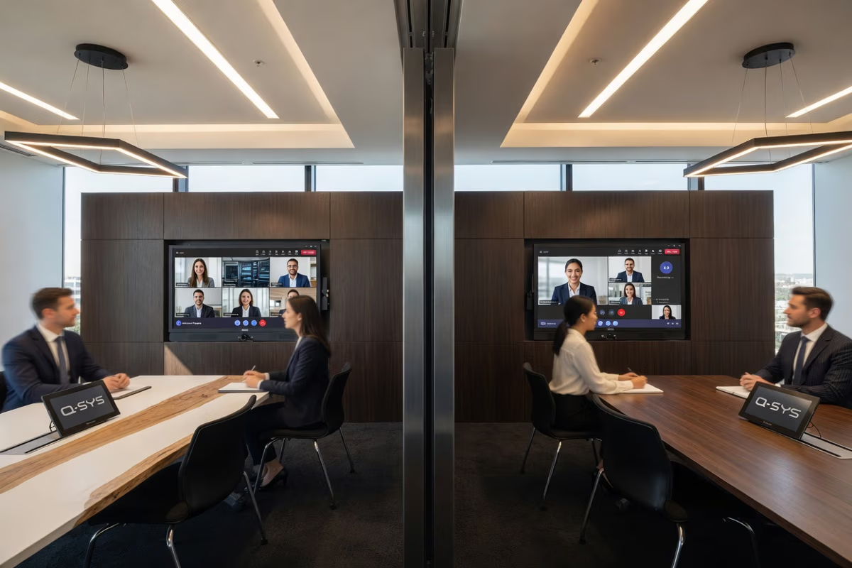 Two groups in a modern conference room on video call.