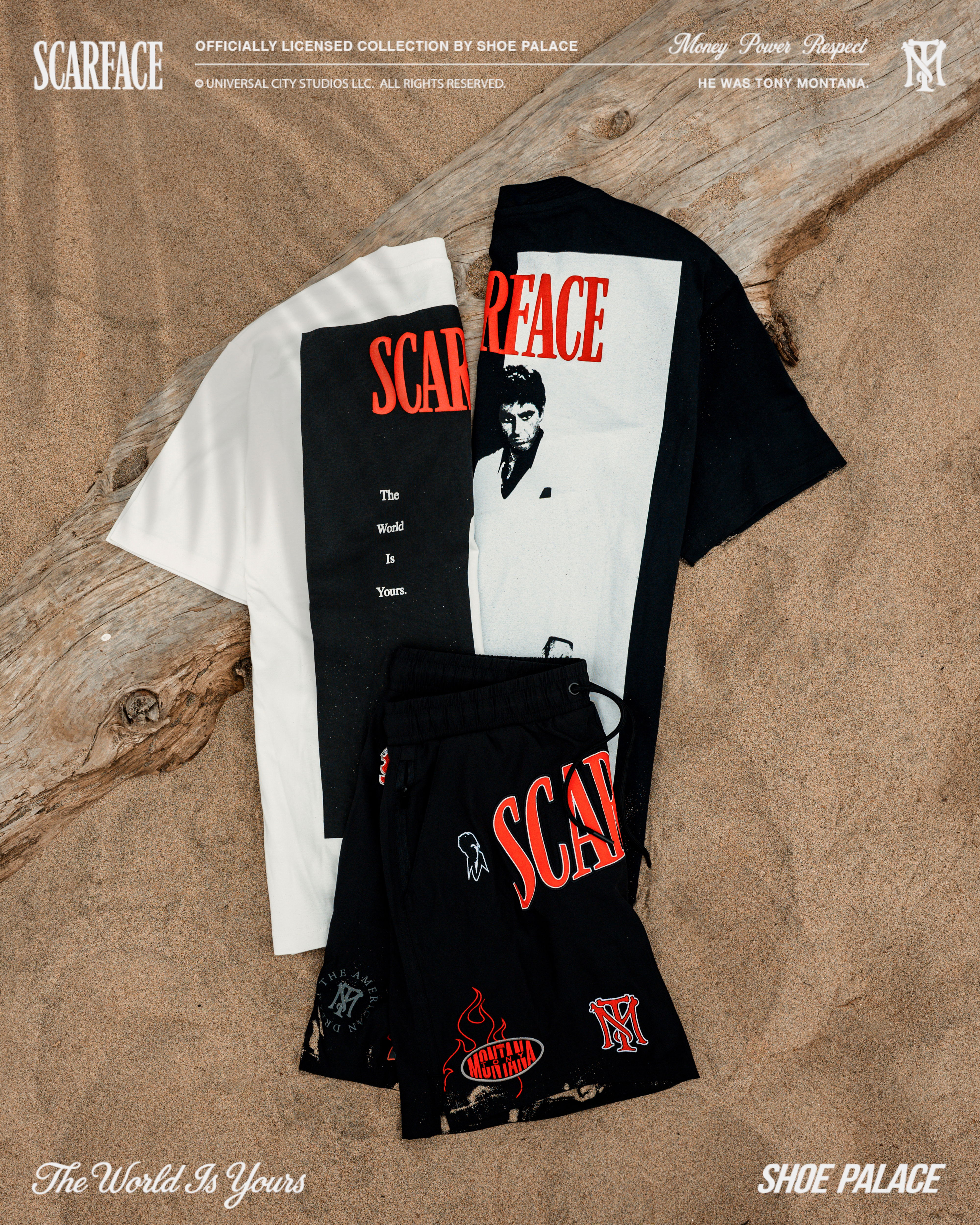 Two t-shirts and shorts featuring 