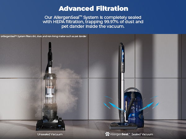 Image showcasing advanced filtration vacuum cleaners with text highlighting features.