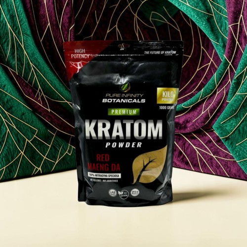 Kratom powder packaging on a colorful background.