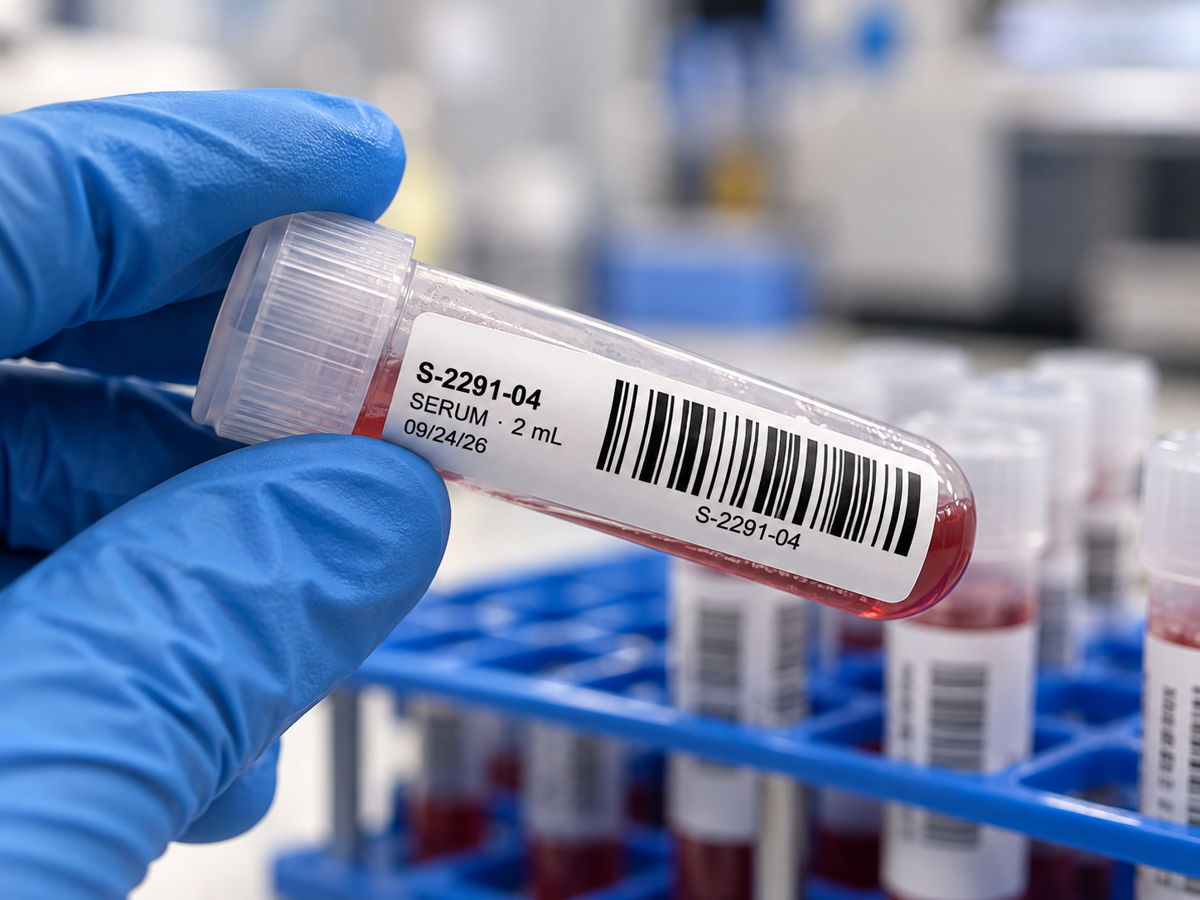 A wrap-around label on a sample tube held over a lab rack.