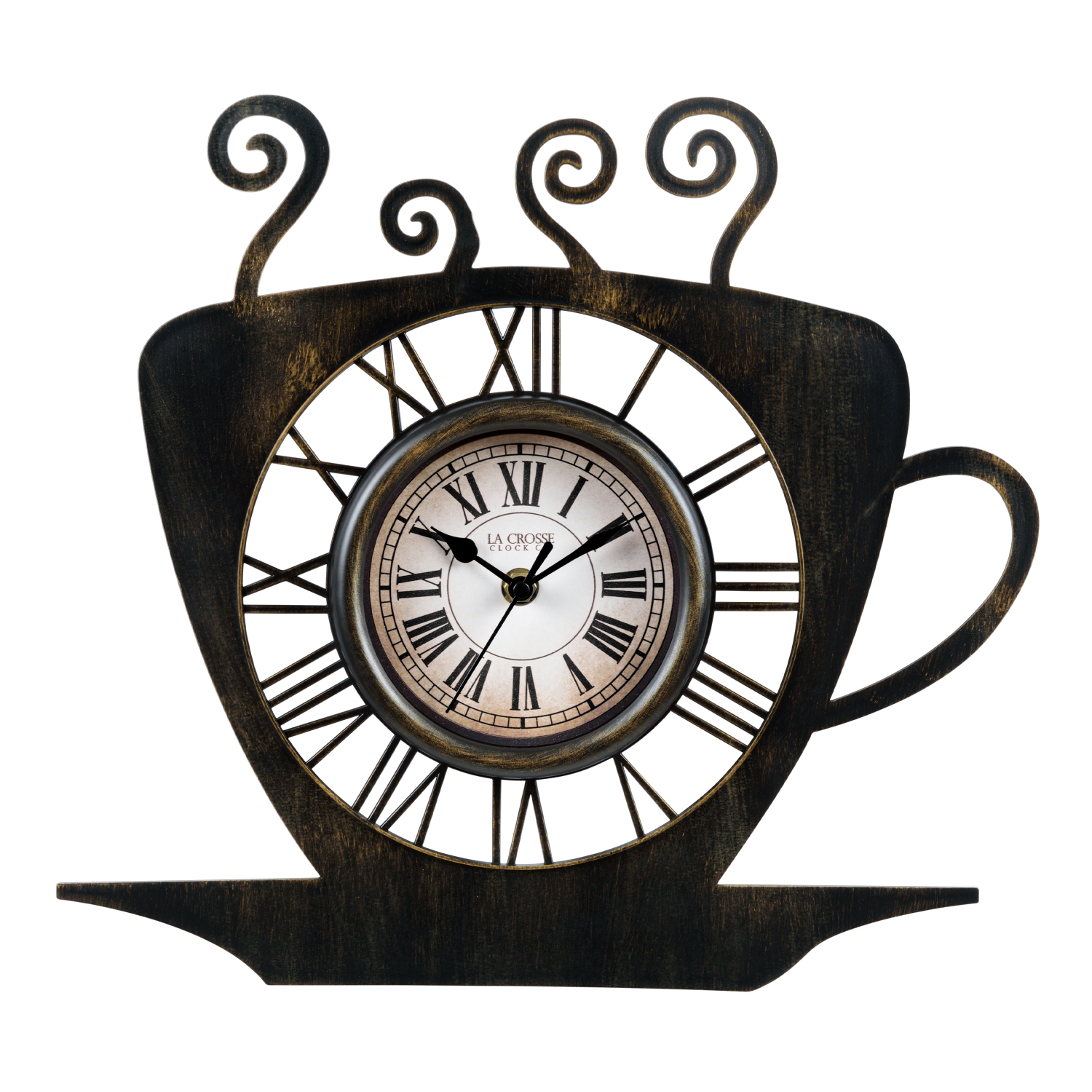 13-inch Latte Wall Clock designed as a coffee cup with a saucer, placed above a table.