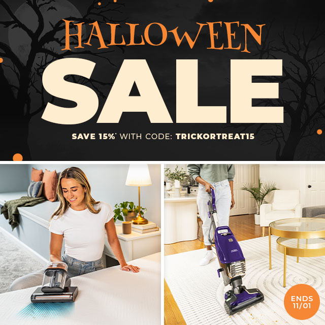 Halloween sale advertisement featuring vacuum cleaners and discount code.