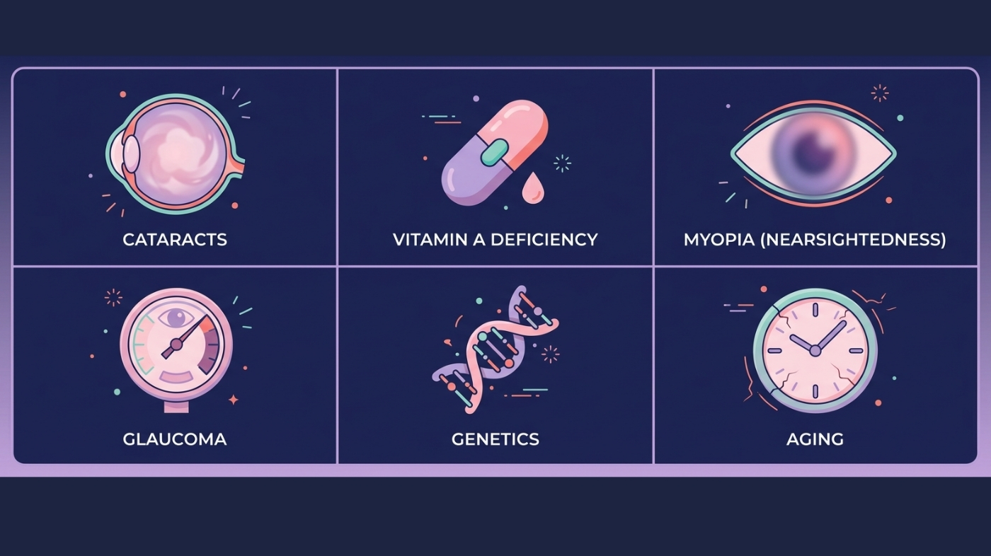 Infographic showing six common causes of poor night vision including cataracts, vitamin A deficiency, myopia, and glaucoma