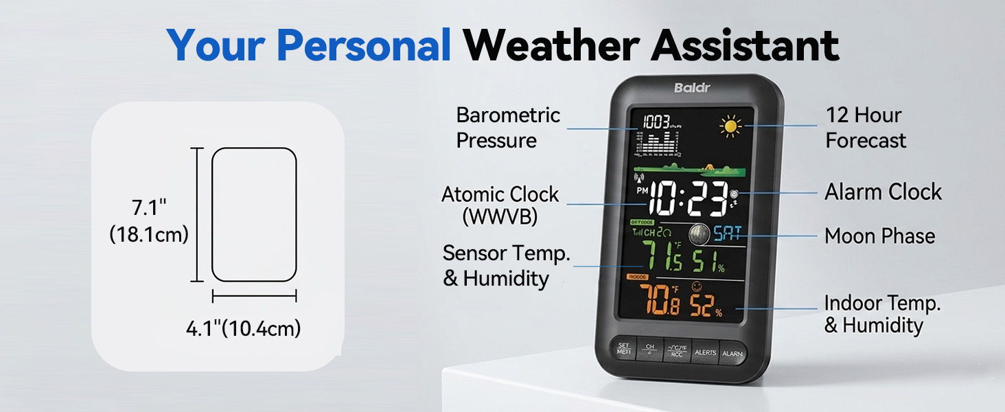 Personal weather assistant features and specifications displayed alongside a device illustration.