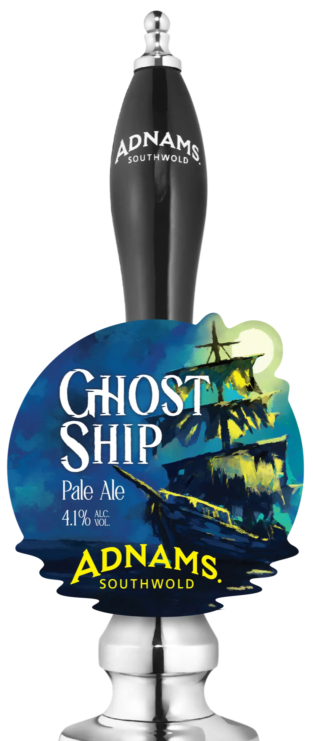 Tap handle for Adnams Ghost Ship Pale Ale with ship illustration.