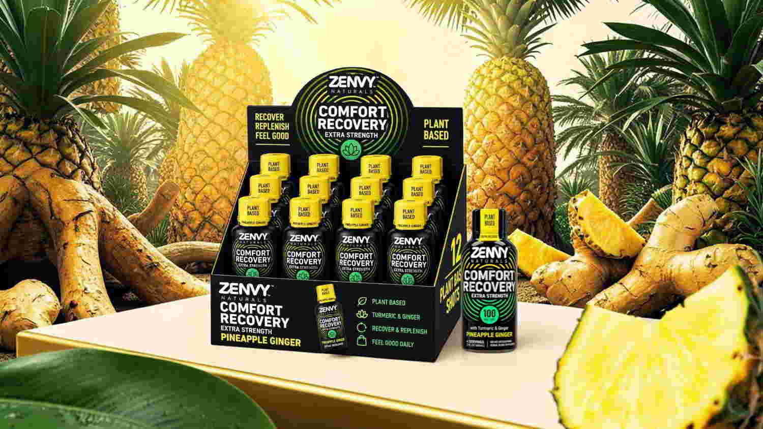 Display of energy shots with pineapples in the background.