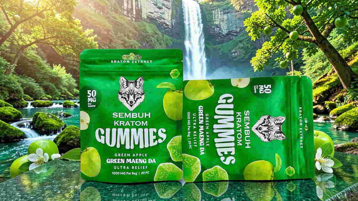 Green gummy packages in a lush, natural setting with a waterfall.