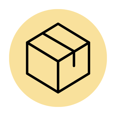 Black outline of a box on a yellow circular background.