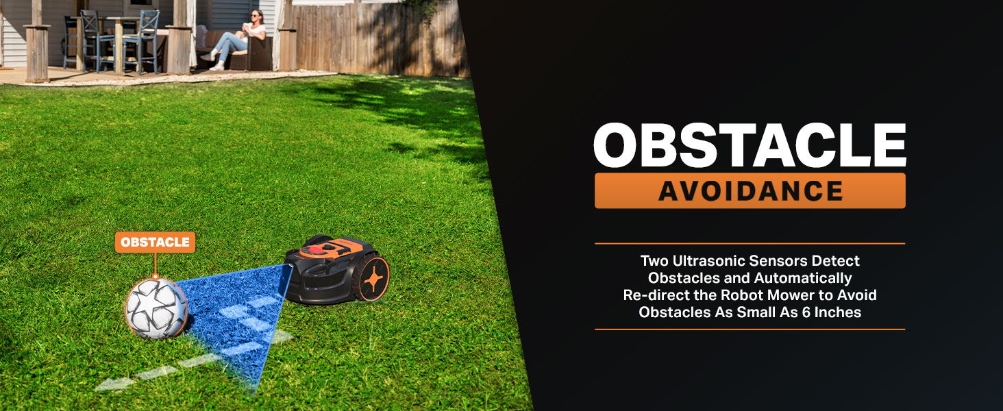 A robot mower on grass with an illustration of obstacle avoidance capabilities.