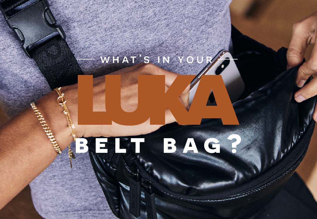 Luka Belt Bag on Model with overlaid text