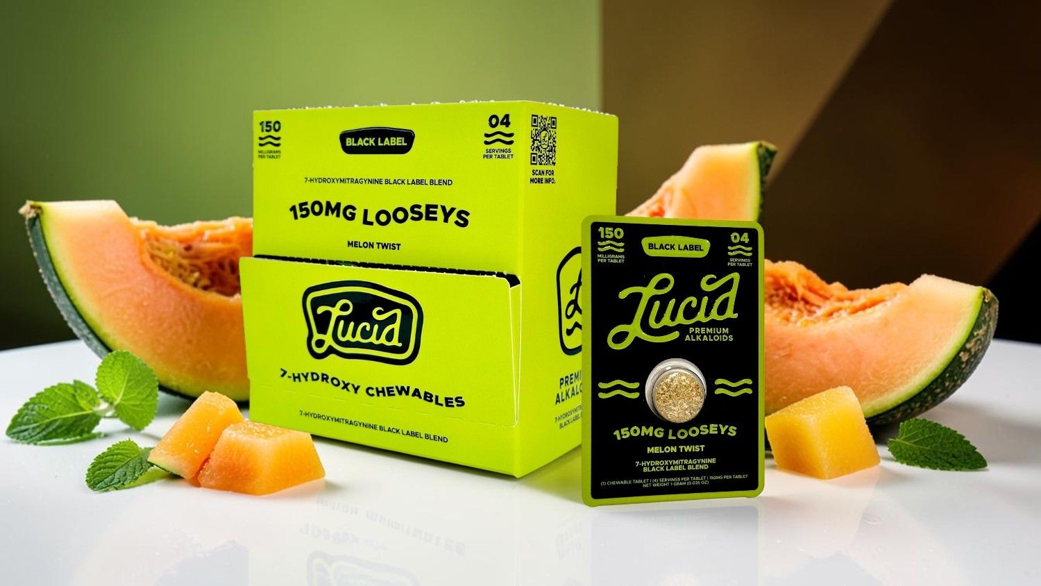 Box of Lucid gummies with cantaloupe slices and leaves on a table.
