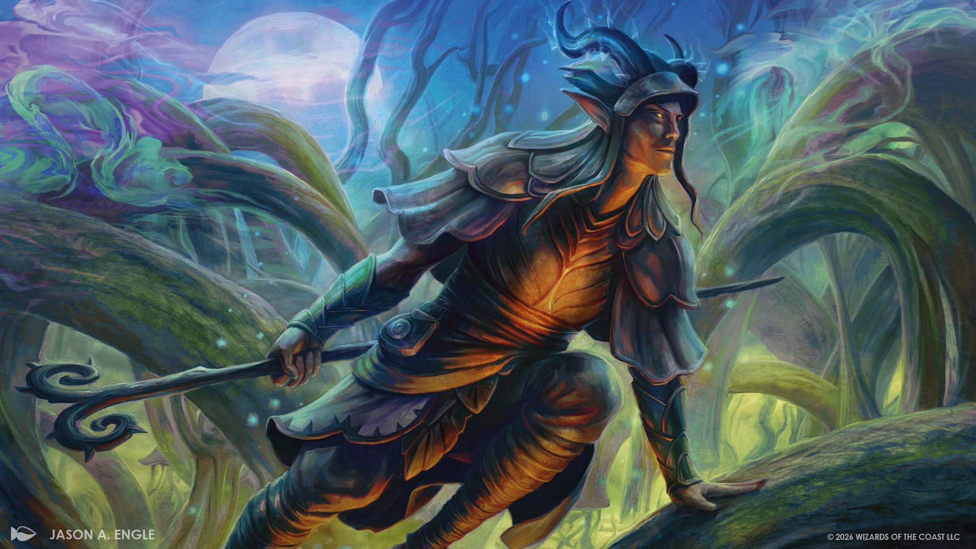mtg lorwyn eclipsed theme decks - A mystical figure in a vibrant, enchanted forest.
