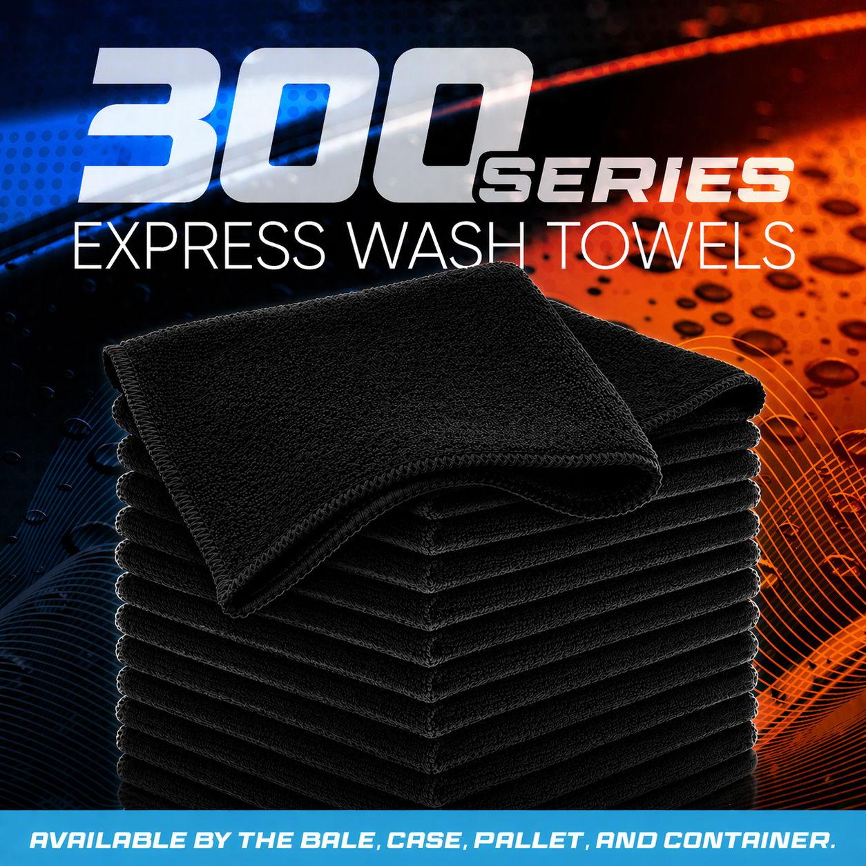 300 Series Express Wash Towels stacked, available by bale case, pallet, and container.
