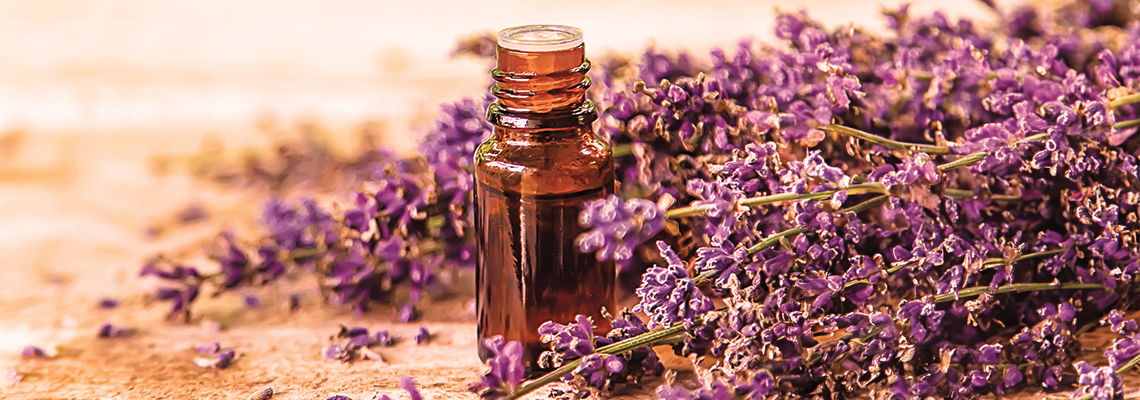 Brown essential oil bottle surrounded by lavender flowers.