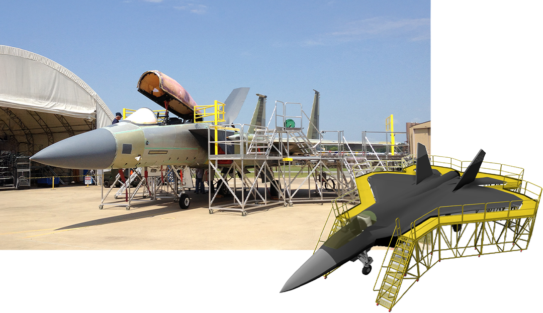 Custom over-wing jet maintenance platform with integrated guardrails and slip-resistant decking for aerospace MRO operations