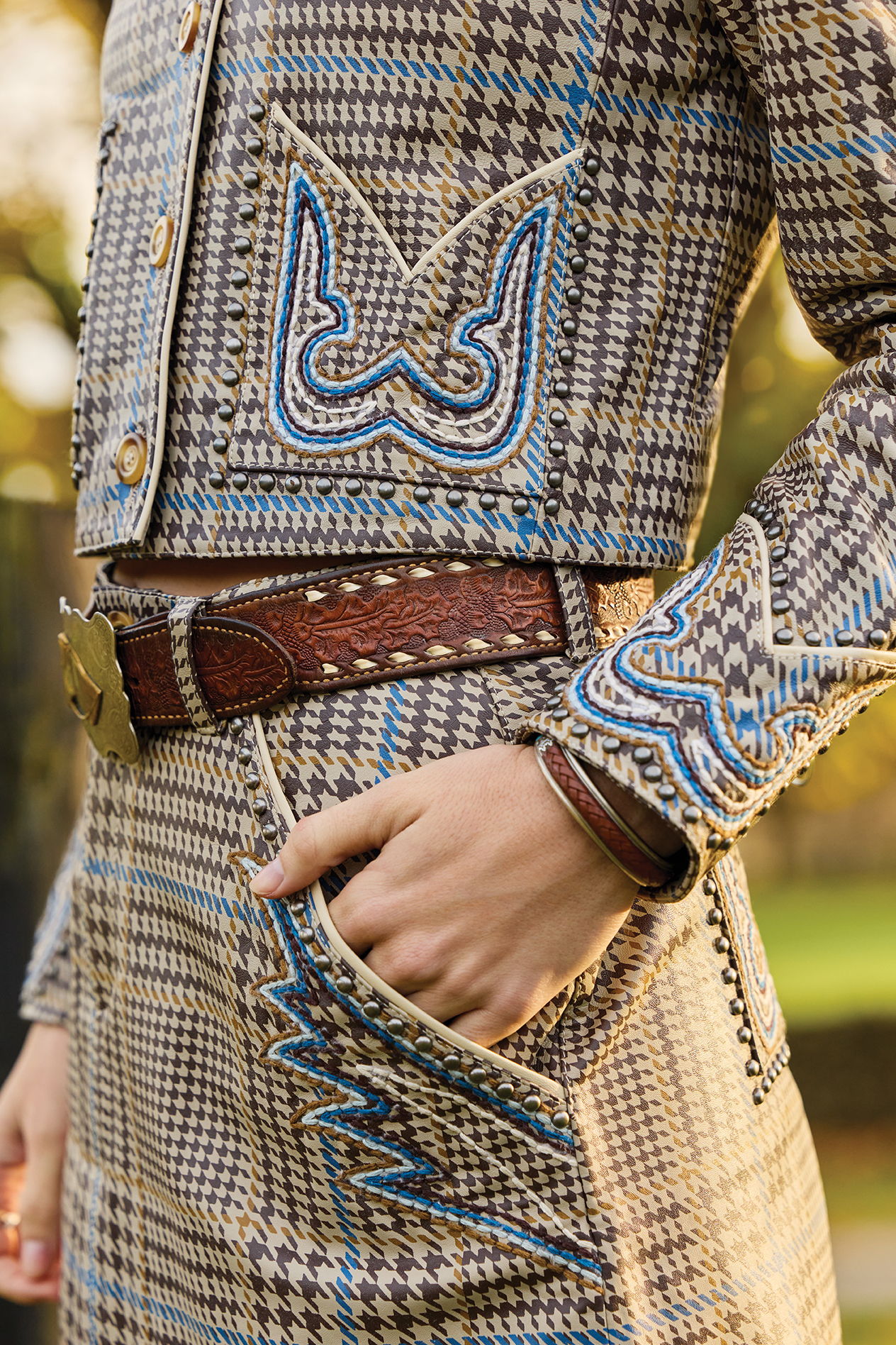 Detail shot of the CallEm Square Jacket and Mini Skirt