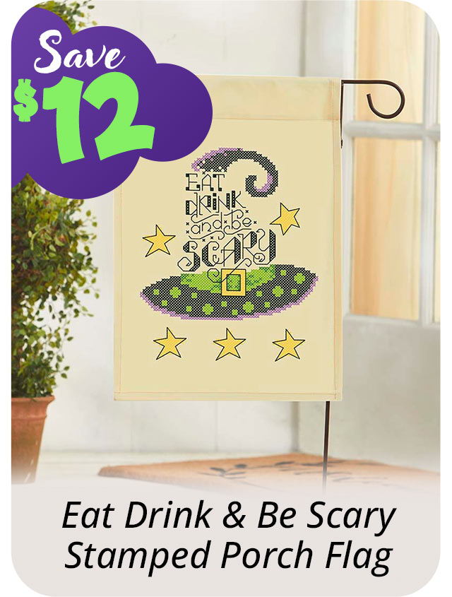 Eat Drink & Be Scary Stamped Porch Flag with witch hat and stars.
