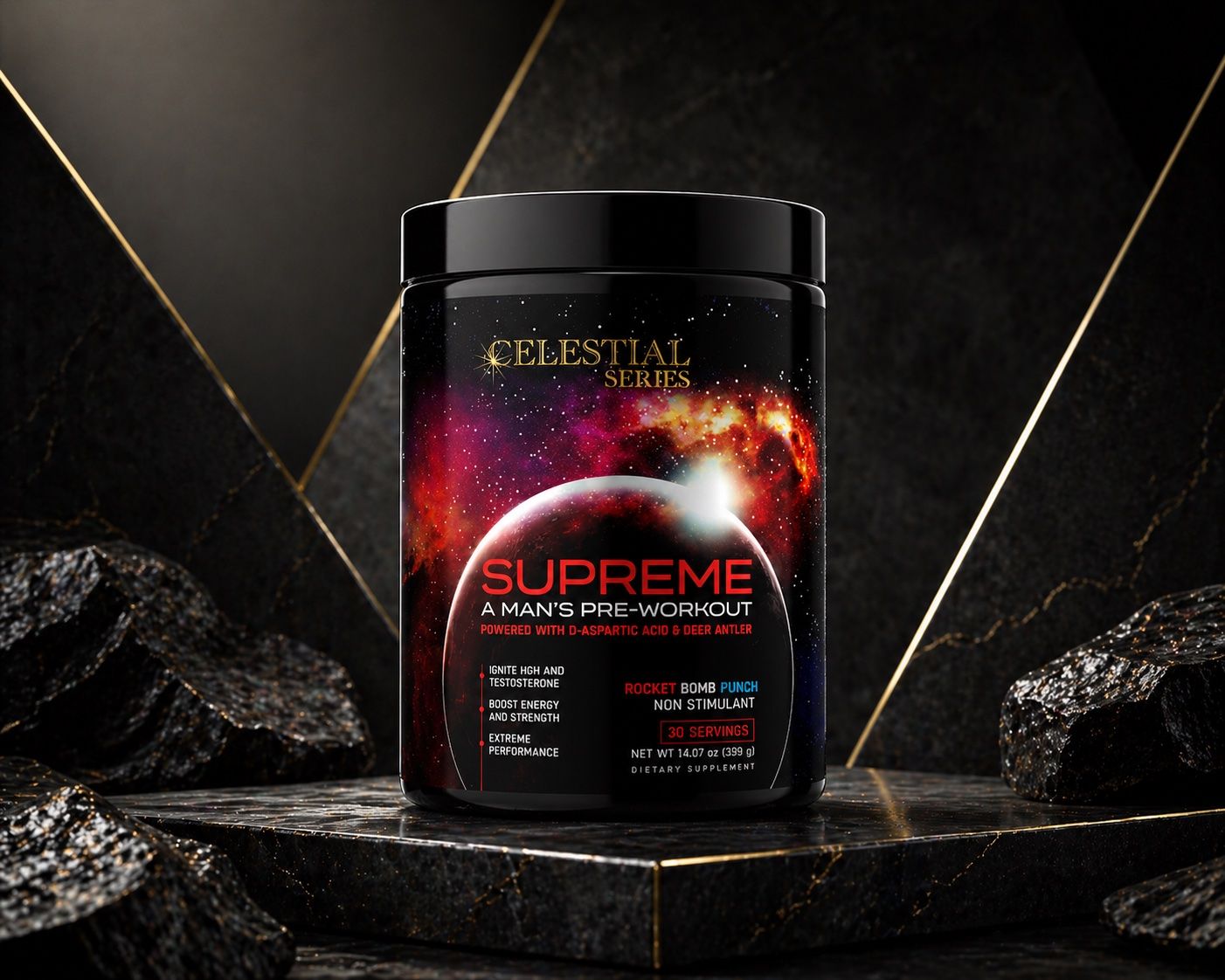 Container of supreme pre workout that boost testosterone and has no caffeine