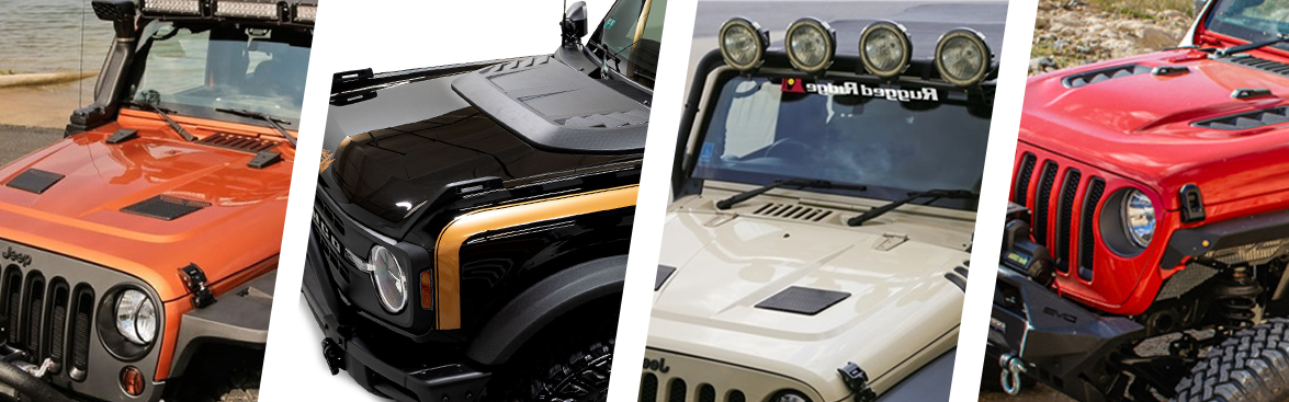 Photo collage of various off-road vehicles with hood accessories attached.