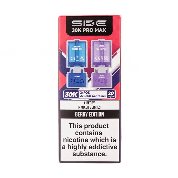 SKE 30K Pro Max with berry edition flavor and nicotine warning.