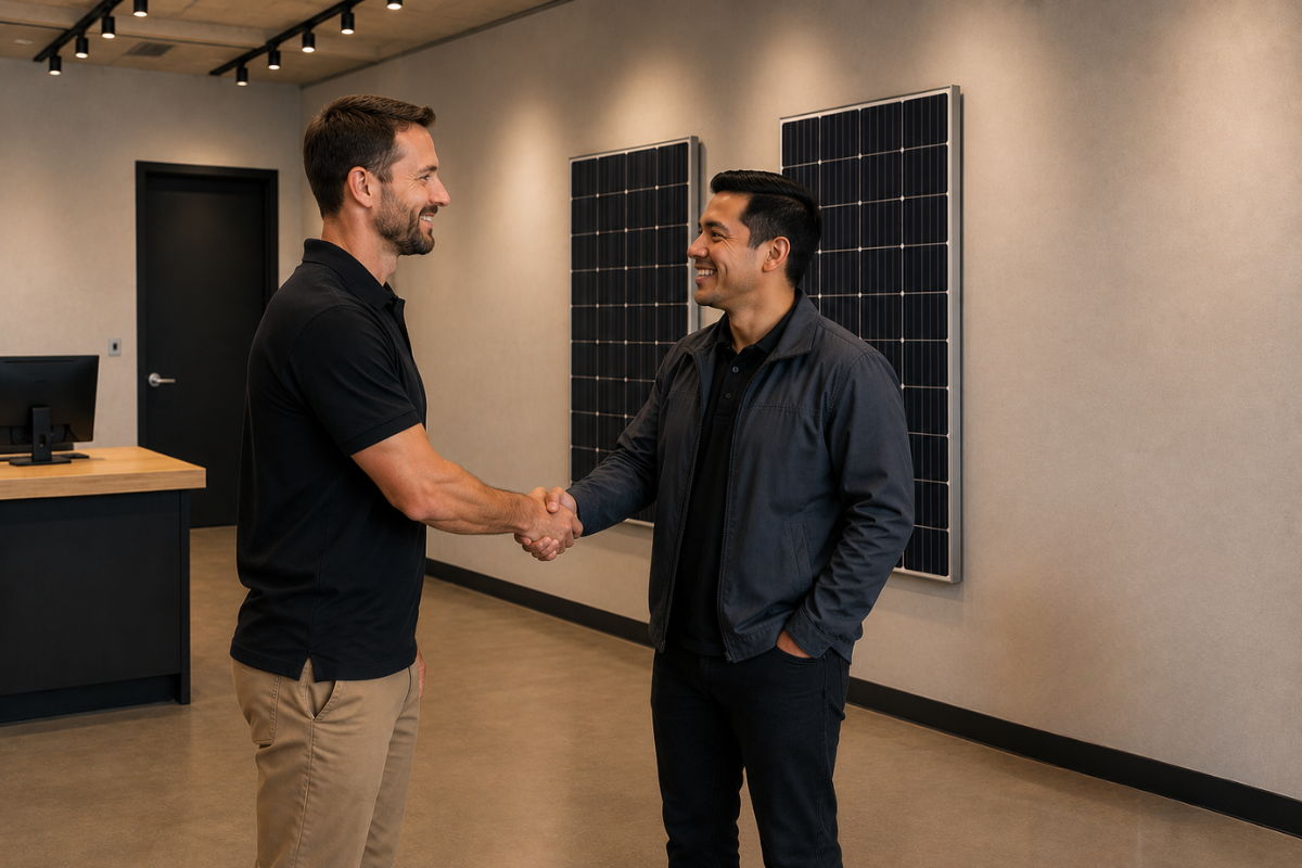 Two men shaking hands in a modern office setting with solar panels on the wall.