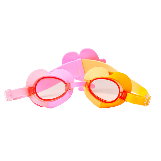 Colorful swimming goggles in pink and yellow.