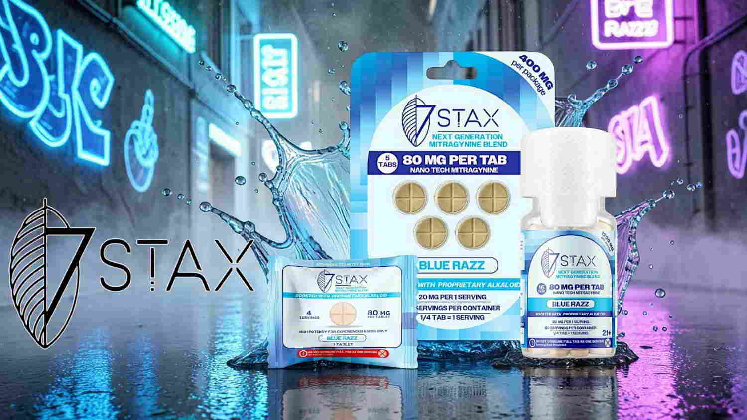 Product packaging for 7 STAX displayed in a neon-lit environment.