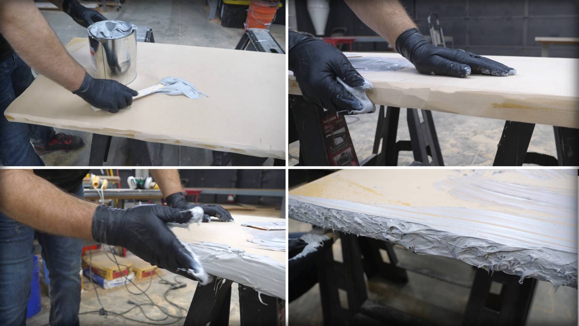 Step 3 of a DIY project: Applying all-purpose Bondo to a contoured MDF countertop edge.