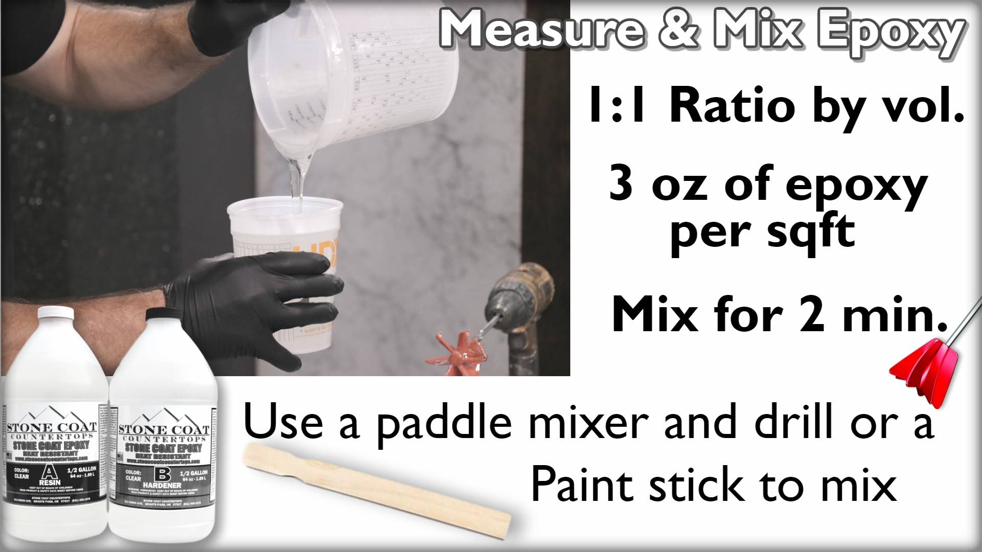 Measure & Mix Epoxy: 3 oz per sqft, mix for 2 min using a paddle mixer, drill, or paint stick.