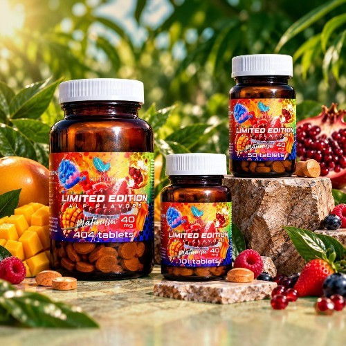 Bottles of dietary supplements surrounded by fruits on a vibrant background.