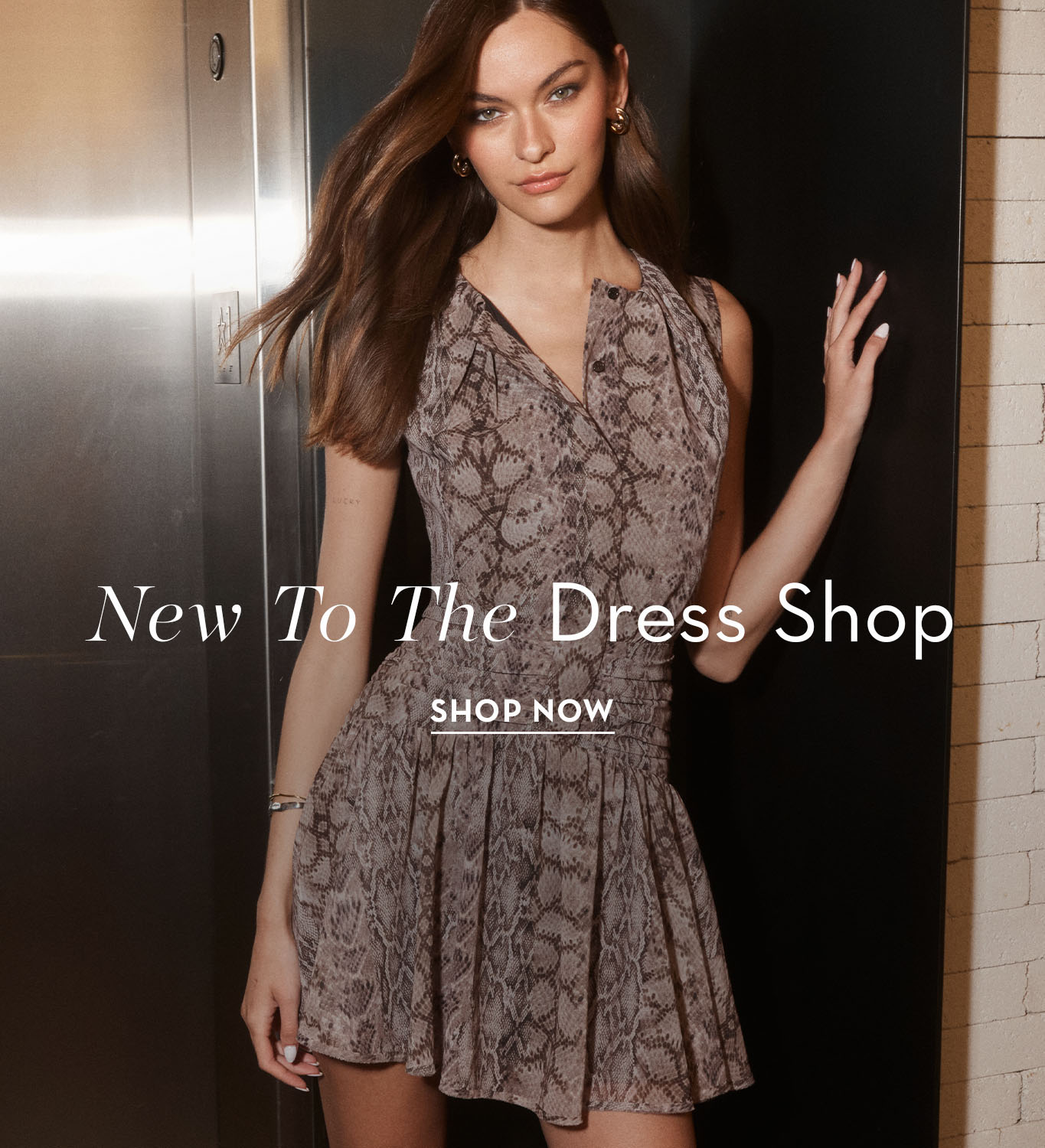 Model wearing a stylish dress, promoting a new dress shop collection.