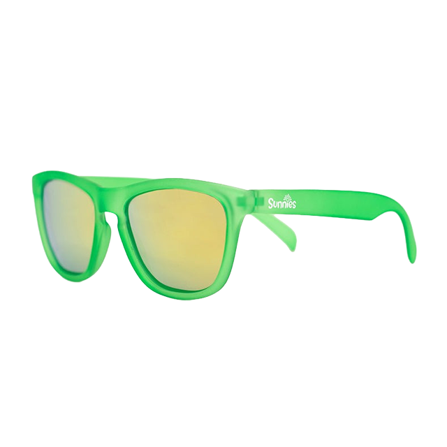 Green sunglasses with mirrored lenses on a white background.