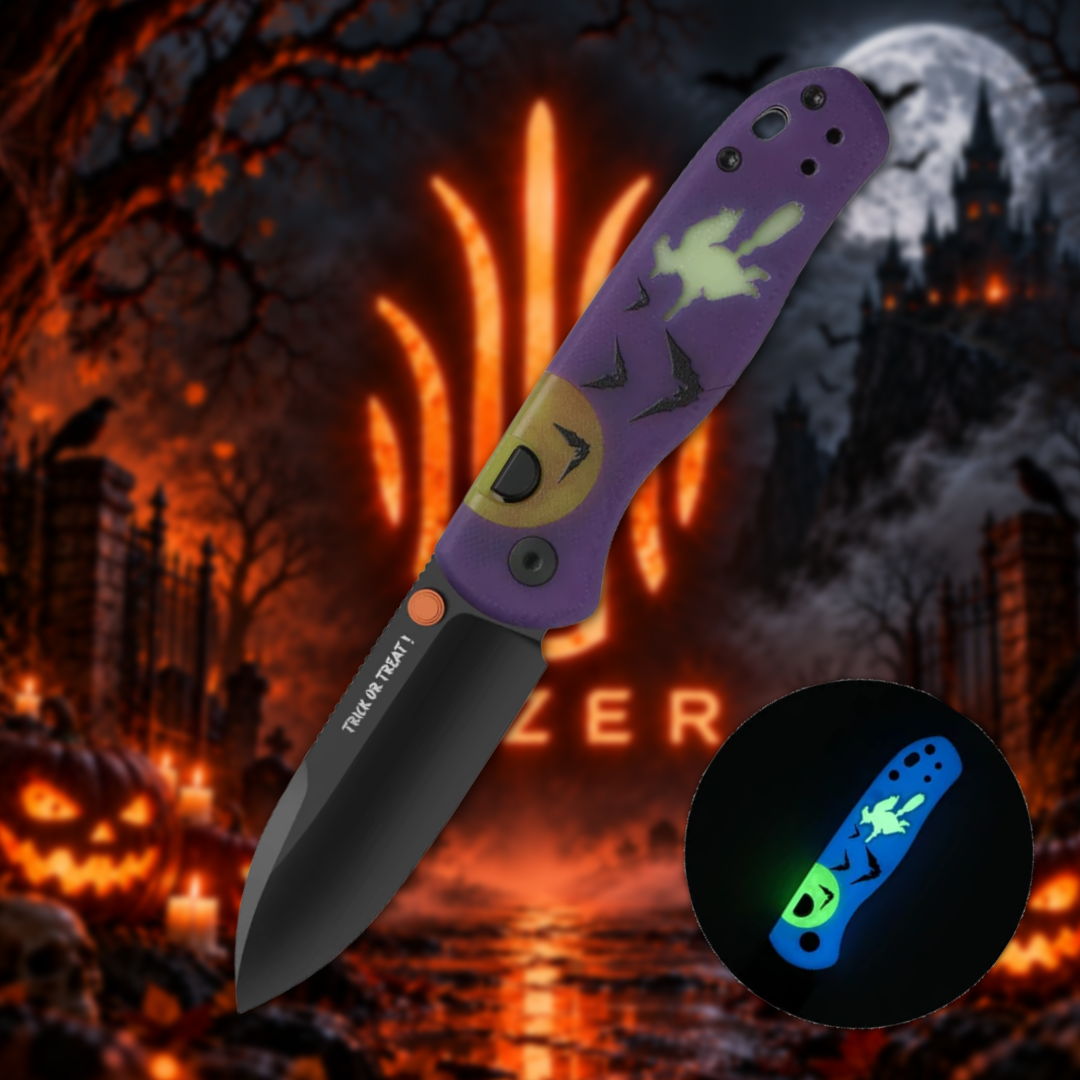 A colorful knife against a spooky Halloween background with a glowing design.